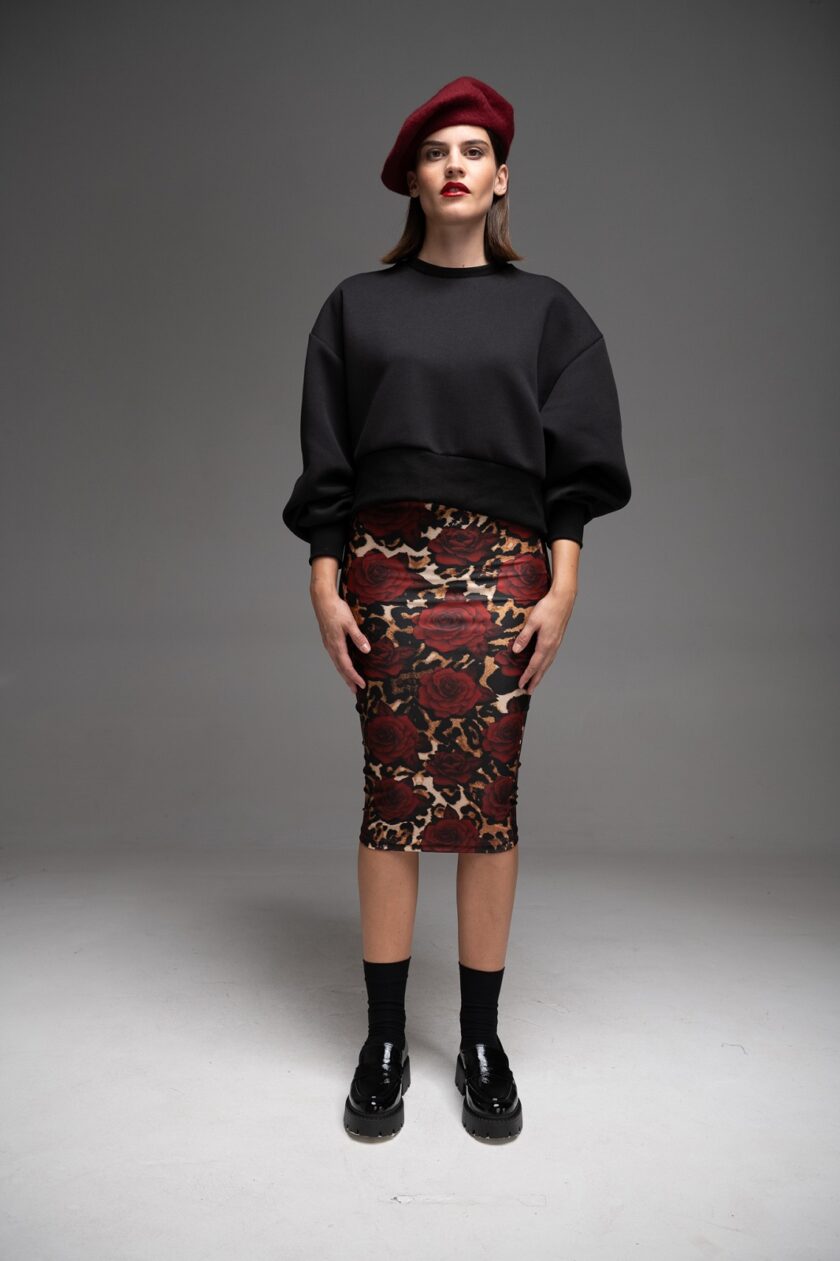 Bodycon Midi Skirt -Ocelot Roses love.sinnefo.cloud