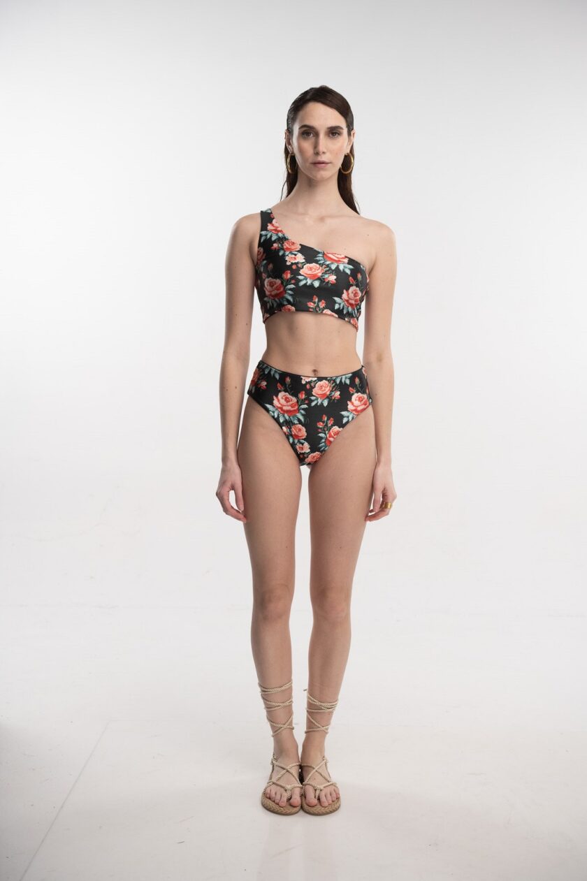 One Shoulder Bikini (Pixie Roses Black) love.sinnefo.cloud