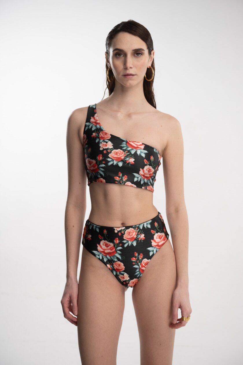 One Shoulder Bikini (Pixie Roses Black) love.sinnefo.cloud