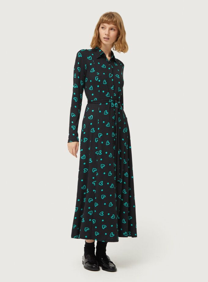 Long shirt dress with green heart print lovebyhands.gr