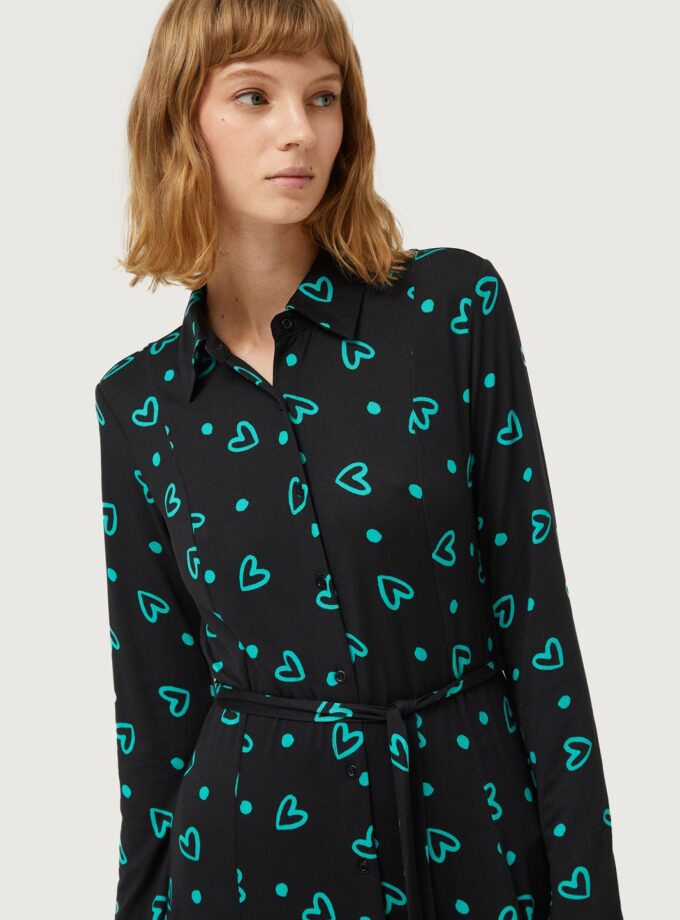 Long shirt dress with green heart print lovebyhands.gr