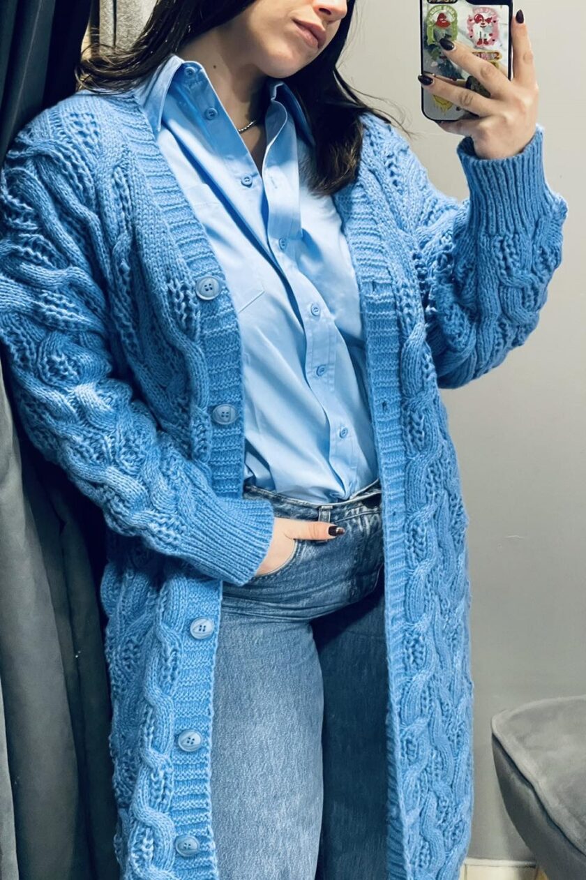 Long blue cable knit cardigan lovebyhands.gr
