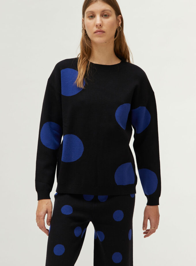 Blue polka dot printed jacquard knit sweater lovebyhands.gr