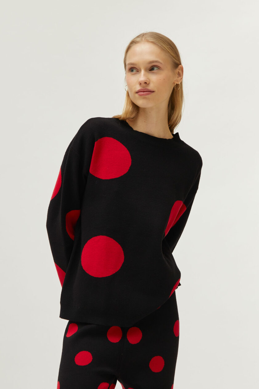 Red polka dot printed jacquard knit sweater lovebyhands.gr