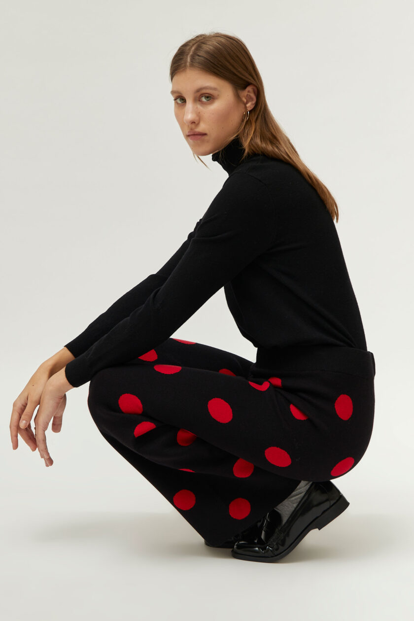 Red polka dot printed jacquard knit pants lovebyhands.gr