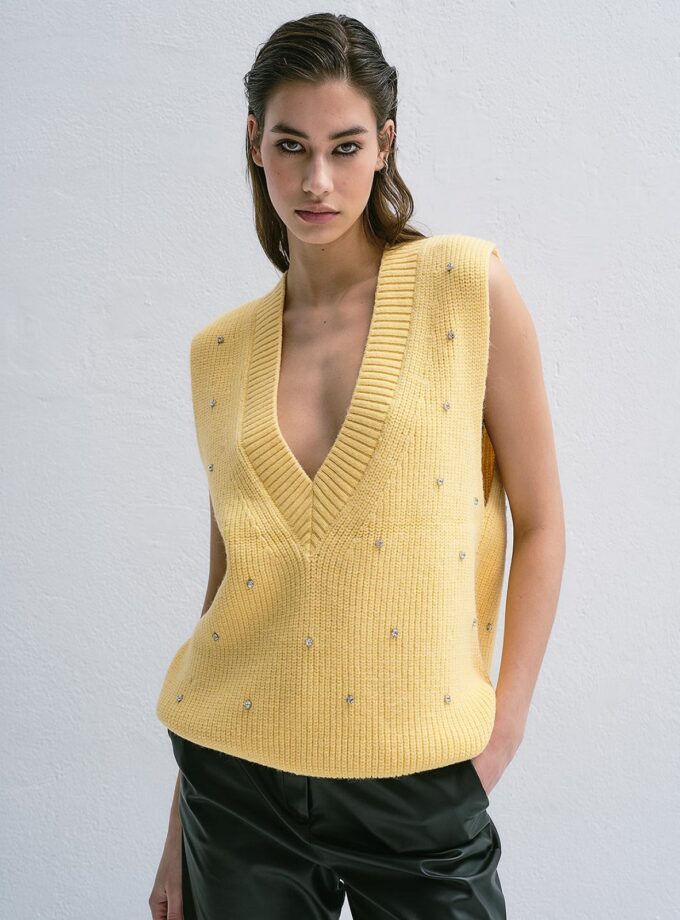 Sleeveless V with crystals - Yellow lovebyhands.gr