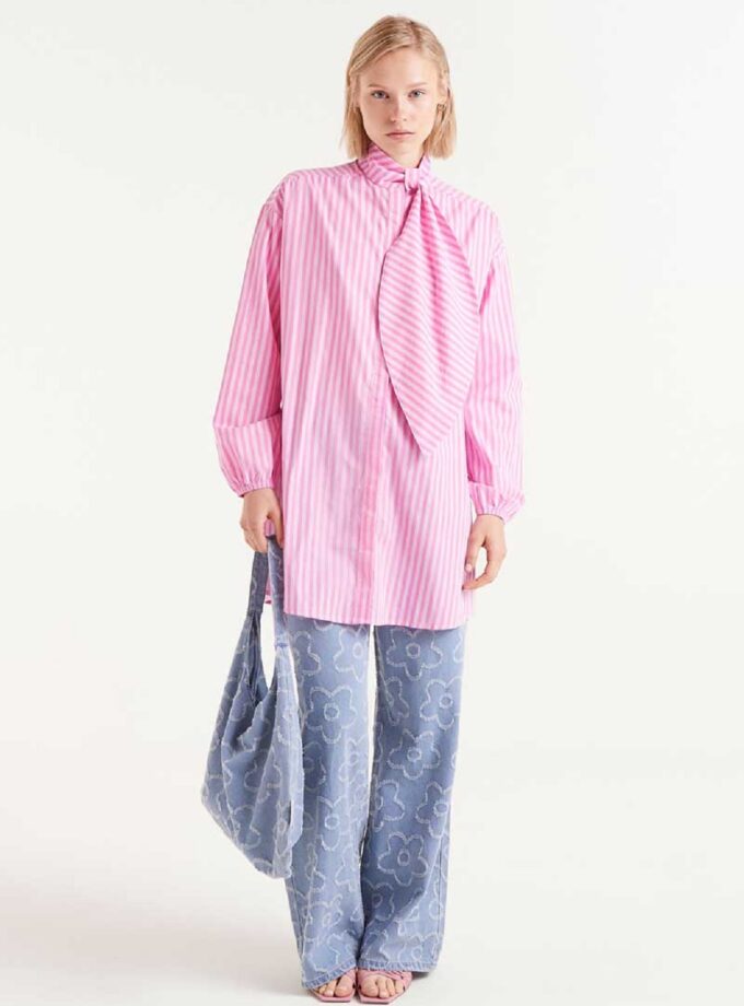 Oversized shirt with pink striped print lovebyhands.gr