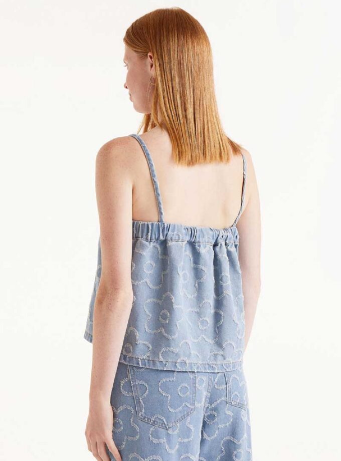 Denim top with woven flowers lovebyhands.gr