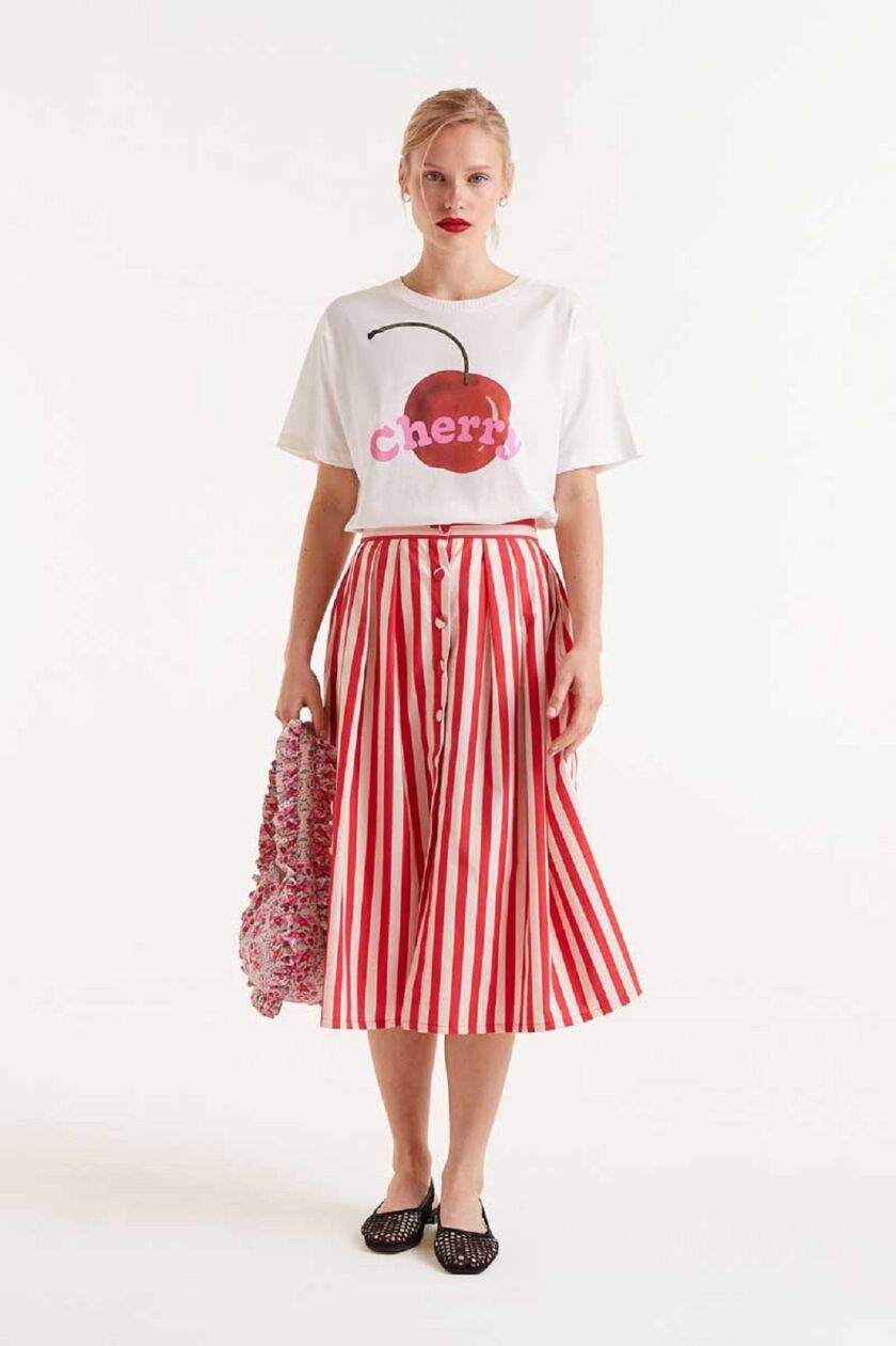 Red striped print midi skirt lovebyhands.gr