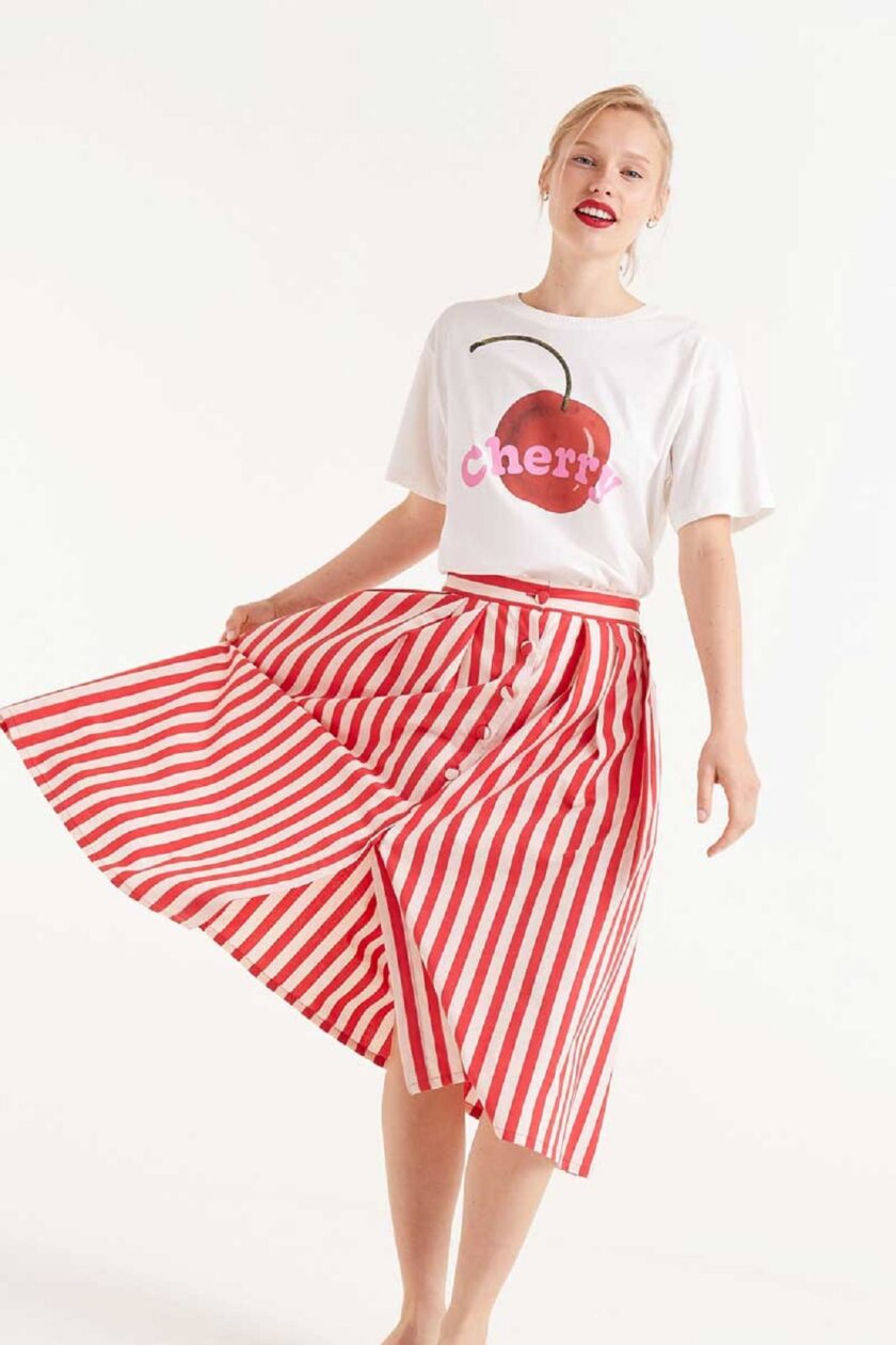 Red striped print midi skirt lovebyhands.gr