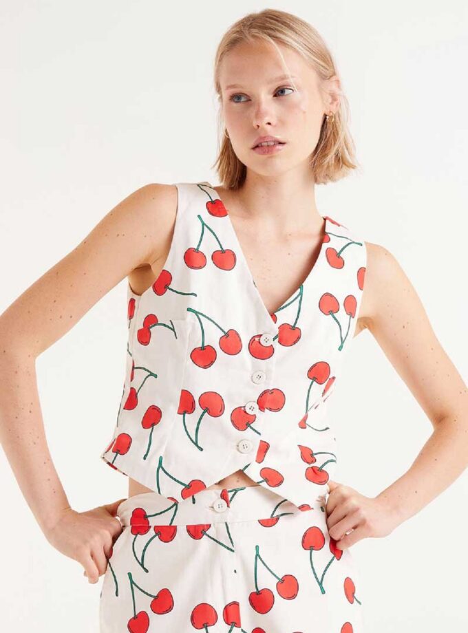 Cherry print tailored vest lovebyhands.gr