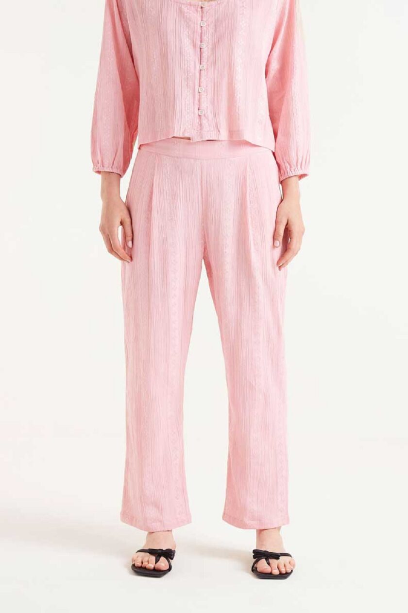 Pink dobby cotton long trousers lovebyhands.gr