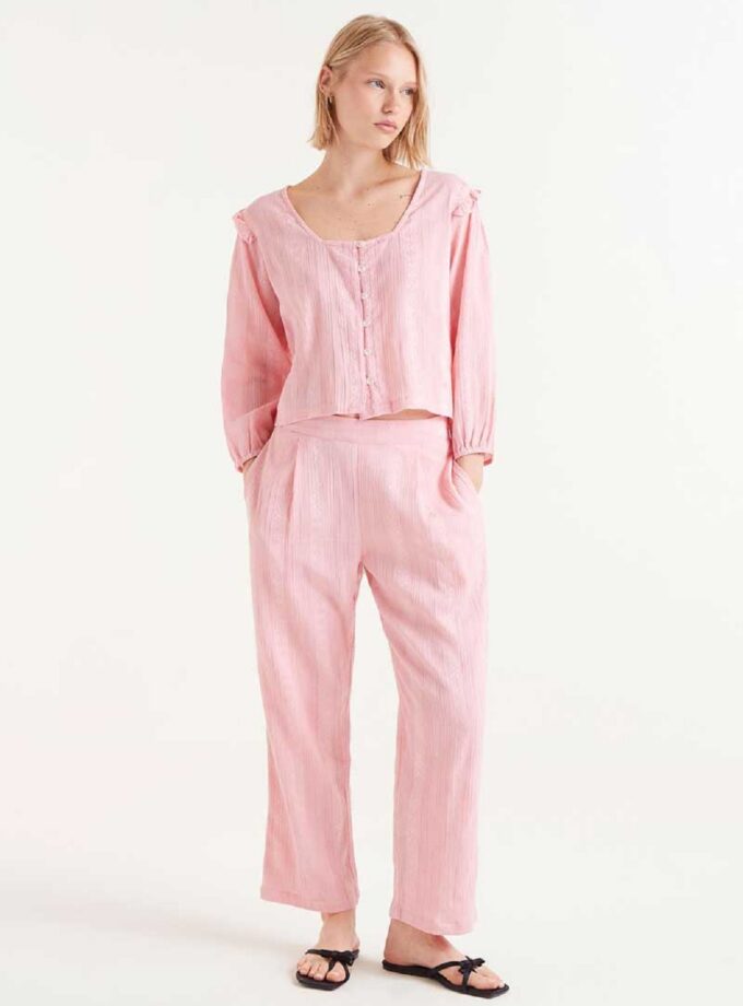 Pink dobby cotton long trousers lovebyhands.gr