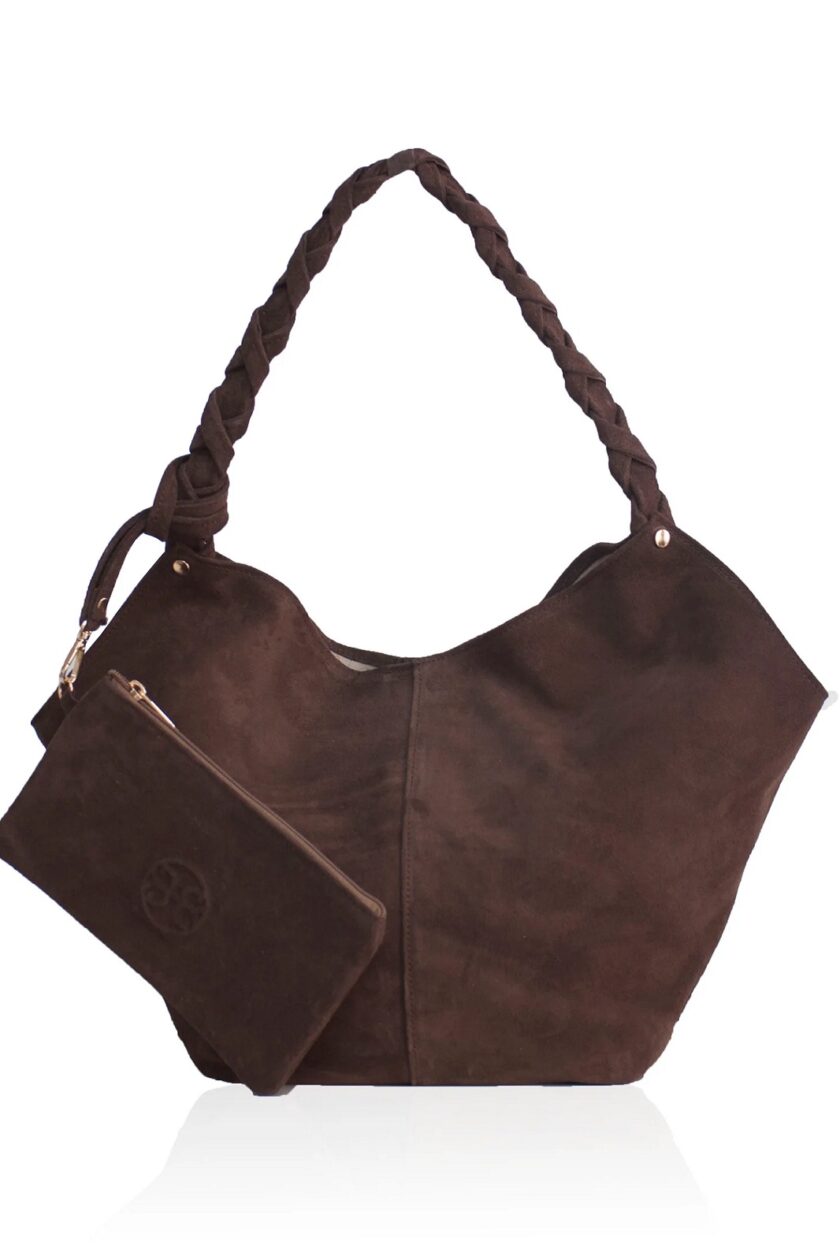 Helena Small Suede Leather Bag - Chocolate lovebyhands.gr