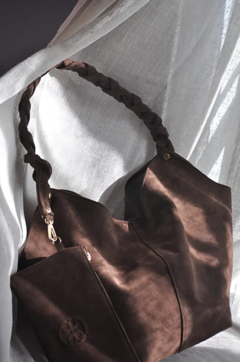 Helena Small Suede Leather Bag - Chocolate lovebyhands.gr