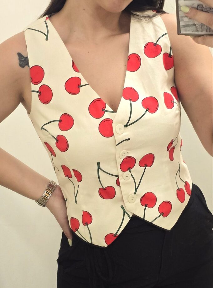 Cherry print tailored vest lovebyhands.gr