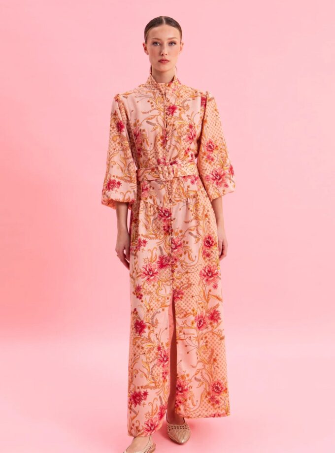 Dusty Pink Midi Linen Dress lovebyhands.gr