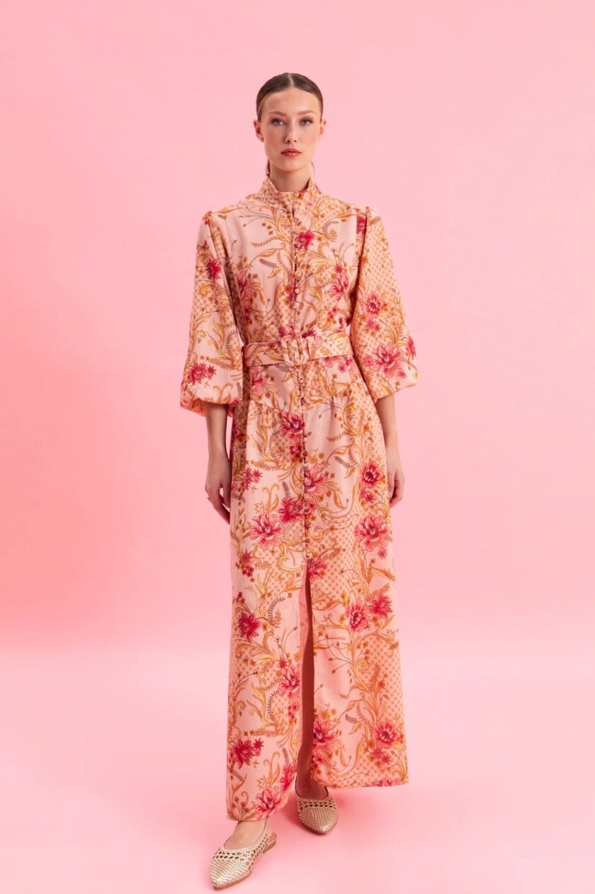 Dusty Pink Midi Linen Dress lovebyhands.gr